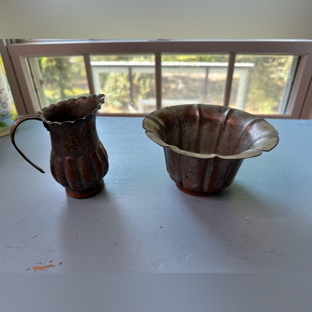 Antique Hand Hammered Fluted Tinned Copper Egyptian Bowl & Pitcher Decor Egypt
